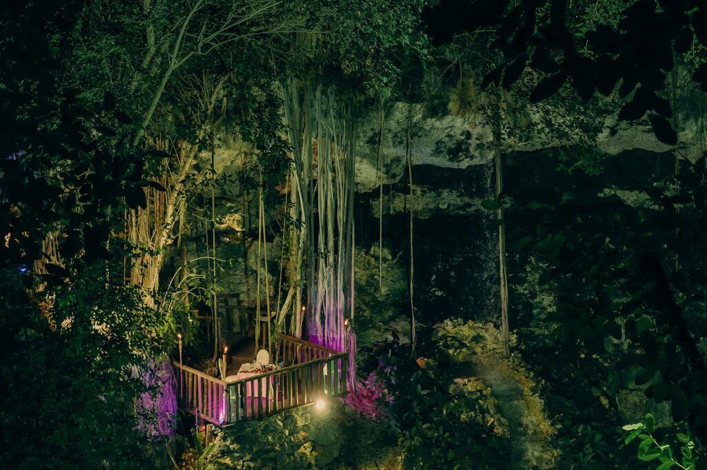 Private dinner at night in Eden Roc Cap Cana’s cenote